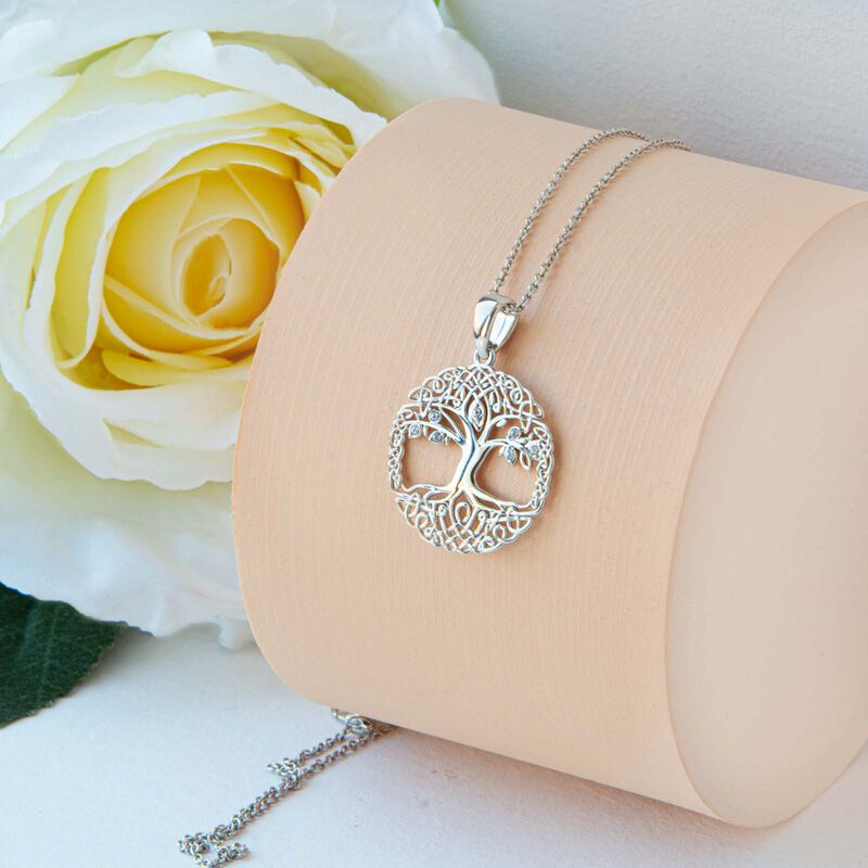 Platinum Plated Tree Of Life Pendant With Clear Swarovski Crystal